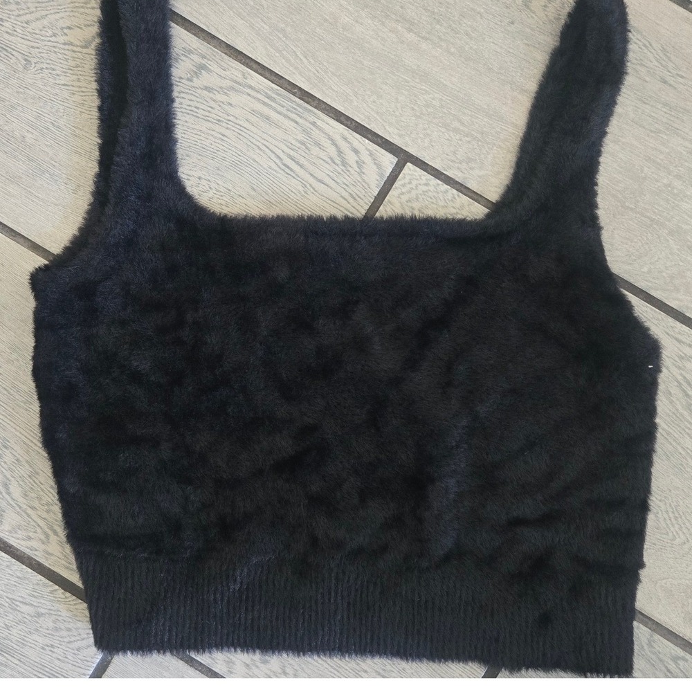 Good American Womens Eyelash Knit Crop Top Black Square Neck GSK0290 Size 2XL